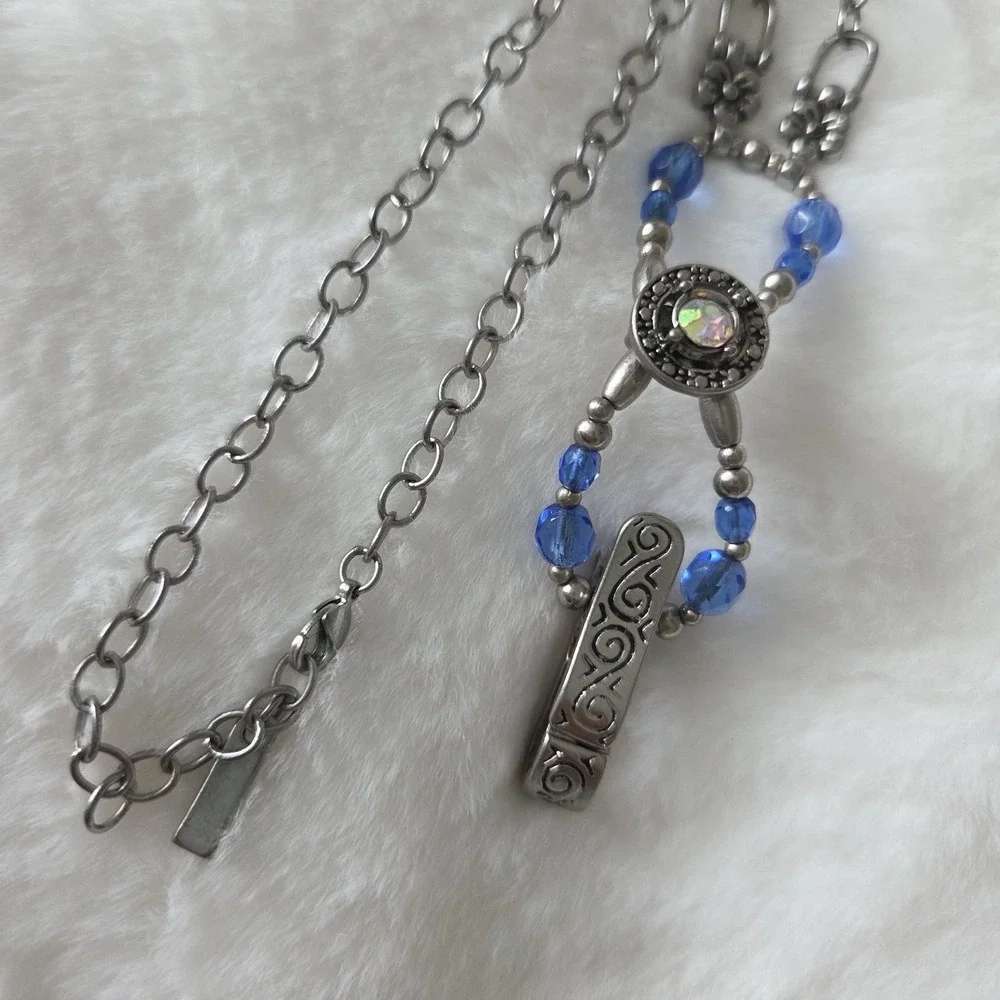 Lilla Rose Prism Badge Lanyard Silver Tone Blue Beaded ID Holder Teacher Nurse